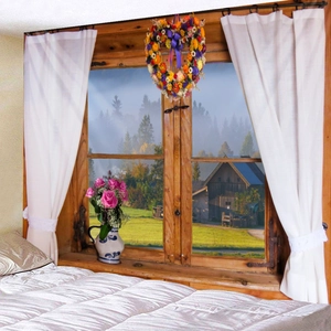 Detail of white thin gauze curtain with heart-shaped dried flower wreath in a bedroom decor