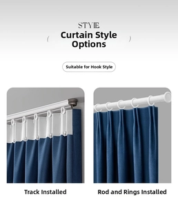 Detail of dark blue Christmas curtain showing hook tape installation for tracks and rods