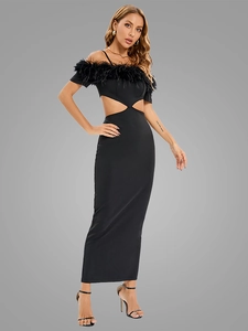 Detail showing elegant feather trim on off-shoulder neckline and side waist cut-outs