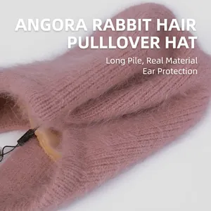 Rosafarbene Angora-Kaninchenfell Wintermütze für Damen mit warmen Ohrenklappen und Strick