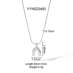 Detail view of silver stainless steel wishbone necklace showing 40cm chain and dimensions