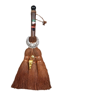 Miniature witch broom hanging ornament with natural crystals and silver crescent moon