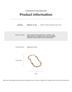Detail showing glass beads and picture stone materials with measurements for layering necklace