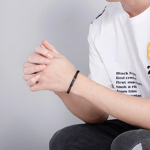 Men's double-row stainless steel and silicone chain bracelet with magnetic clasp on wrist
