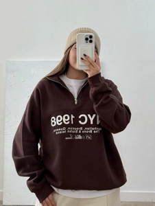 Women Half Zip Sweatshirt Cotton Long Sleeve NYC Letter Print Loose Streetwear Pullover Brown Casual Top