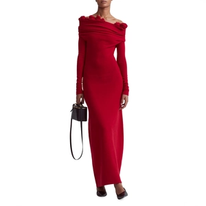 Red Velvet Long Sleeve Dress Off Shoulder Maxi With 3D Floral Decoration Slim Fit Evening Party Gown For Women
