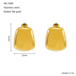 Detailed view of gold plated stainless steel trapezoid earrings with 25mm dimensions