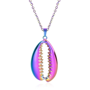 Detail of a rainbow-plated cowrie shell pendant on a stainless steel necklace chain