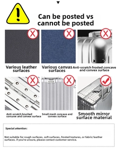 Surface application guide for Christmas stickers showing compatible smooth luggage textures