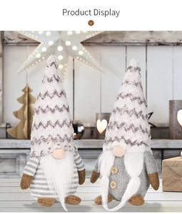 Detailed view of two Christmas gnomes with grey plush hats and holiday decorations