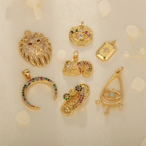 Copper Gold Plated Charms Colorful Zircon Pendants Lion Head Evil Eye Moon For DIY Jewelry Making Crafts