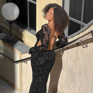 Sexy Backless Long Sleeve Maxi Dress Lace Burnout Floral Slim Fit Evening Party Fashion For Women