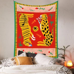 Artistic big cat tapestry with vibrant floral pattern and decorative text on white wall