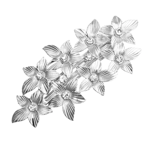 Elegant silver flower hair clip with sparkling rhinestones and brushed metal texture