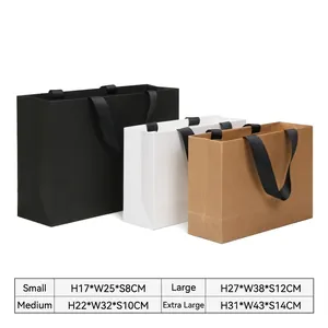 Heavyweight paper gift bags in three colors with size guide and ribbed ribbon handles