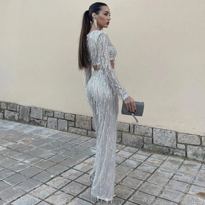 Sparkling silver sequin fringe two-piece set with long sleeve crop top and wide leg pants