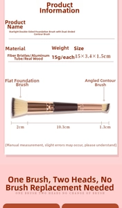 Dual-ended makeup brush with flat foundation head and angled concealer fiber bristles