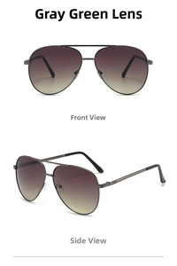 Front and side views of gunmetal aviator sunglasses with gradient grey-green lenses