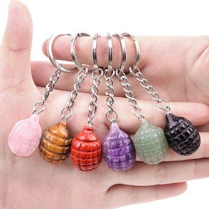 Natural Stone Hand Grenade Keychain Carved Gemstone Pineapple Shape Pendant Key Ring Bag Charm Accessory