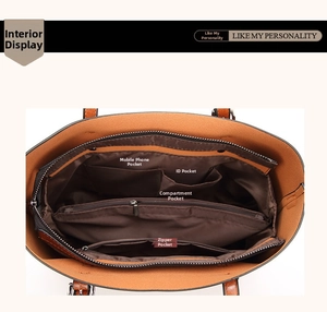 Interior view of soft leather tote bag showing multi-pocket compartments and brown lining