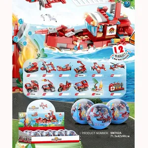 Detailed 12-in-1 fire rescue building blocks set featuring various mini vehicles and ships