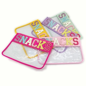 Transparent PVC toiletry bags with colorful SNACKS chenille patches and zipper