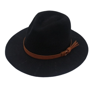 Classic black woven straw fedora hat featuring a brown leather ribbon with tassel detail