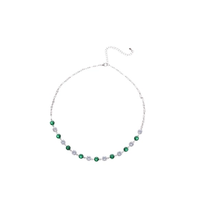 Sparkling silver choker necklace set with alternating green and clear zircon round stones