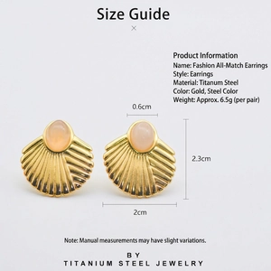 18K gold plated bohemian fan-shaped earrings with pink natural stone in titanium steel