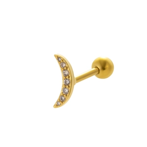 Macro view of gold crescent moon cartilage stud with sparkling zircon gemstones
