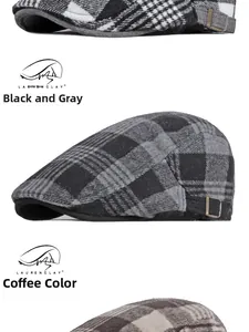 Detail of plaid beret hats in dark grey and coffee with side metal adjustment buckles