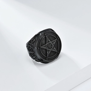 Vintage Lucifer fallen angel ring in stainless steel with pentagram engraving