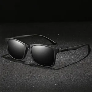 Classic black TR polarized square frame sunglasses for men with textured metal details