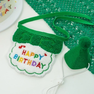 Detail of green knitted pet birthday bib with embroidery and matching felt party hat