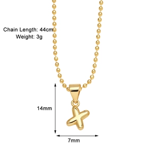 Macro view of gold-plated letter X pendant with dimensions and 44cm chain details