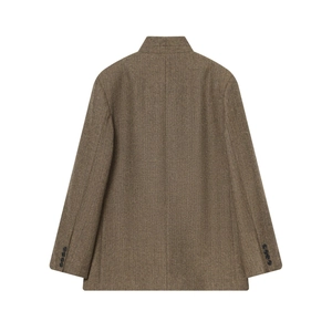 Back view of brown herringbone blazer for women featuring classic notched lapels