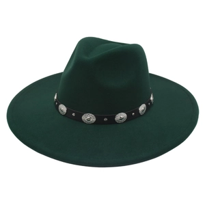 Close-up of a wide brim felt fedora featuring a black band with embossed silver metal studs