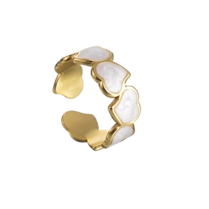 Adjustable golden stainless steel open ring featuring a white enamel heart pattern