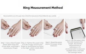 Guide for measuring ring size using a paper strip and ruler with four-step instructions