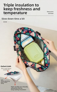 Detail view of large waterproof cooler bag with fruit patterns and aluminum foil lining