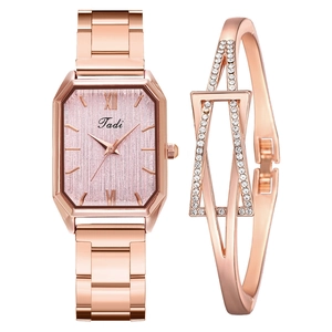 Rose gold octagonal ladies watch with pink dial and matching crystal bracelet set