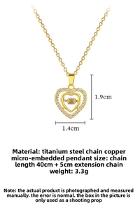 Detail of titanium steel heart necklace with double-layer pavé crystals and dimensions