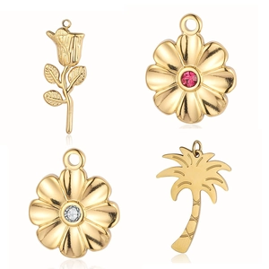 French vintage gold stainless steel charms including rose flowers and palm tree pendant
