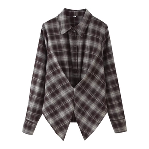 Women plaid long sleeve shirt with lapel collar and irregular waist hem in dark brown