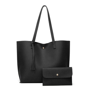 Black lychee pattern PU leather tote bag set with fringe tassel and magnetic buckle