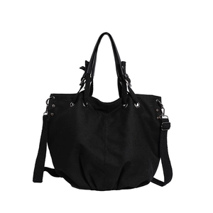 Japanese retro black canvas tote bag with leather handles and crossbody strap