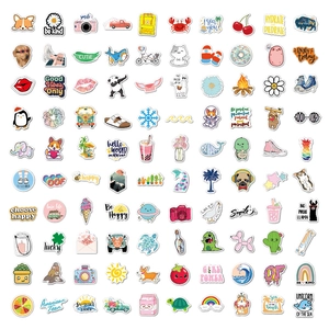 Detailed grid layout of 100 waterproof VSCO stickers with cute aesthetic cartoon patterns