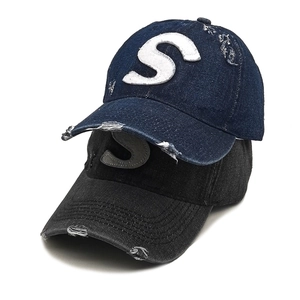 Washed denim baseball cap with S-letter embroidery and distressed vintage details