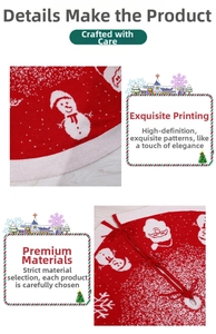 Detail of red and white knitted Christmas tree skirt featuring Santa and snowman patterns