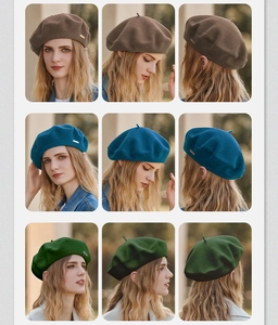 Collage of wool berets in brown, blue, and green colors shown from multiple angles